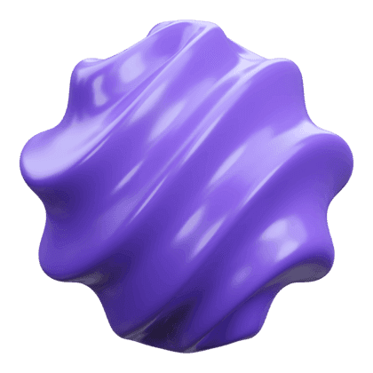 A vibrant, glossy purple 3D abstract shape with swirling, wavy surfaces, resembling a twisted, smooth sculpture, floating against a plain backdrop.